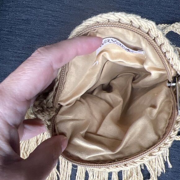 Wayan Natural Wear Round Crochet Evil Eye Shoulder Crossbody Bag Fringe Zip 7" - Picture 6 of 10